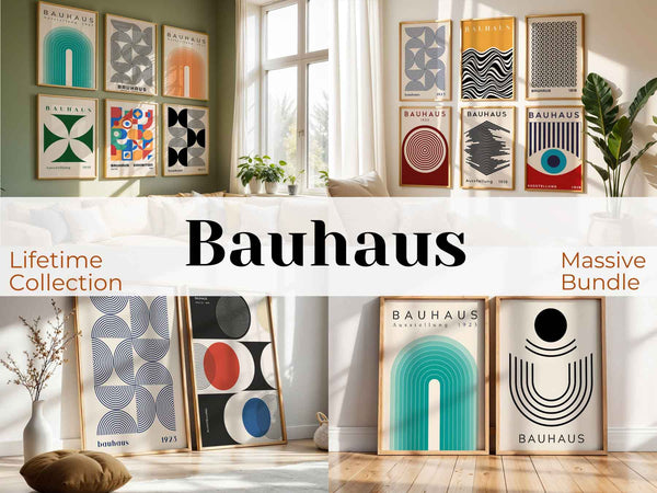 Bauhaus art prints displayed in a room with large windows.