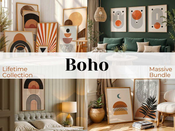 Collage of Boho-style interior decor with abstract art and green sofa.
