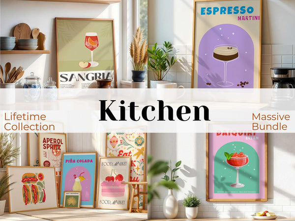 Collection of kitchen-themed wall art prints in a modern kitchen setting.