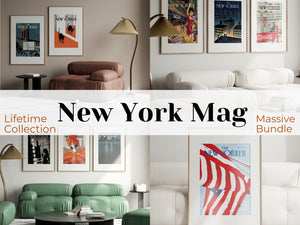 Living room with New York Mag posters and 'Lifetime Collection' text overlay