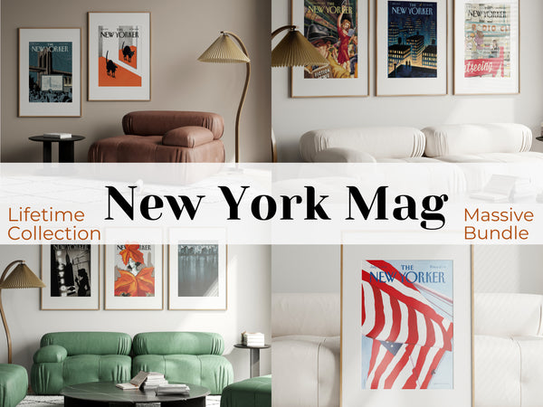 Living room with New York Mag posters and 'Lifetime Collection' text overlay