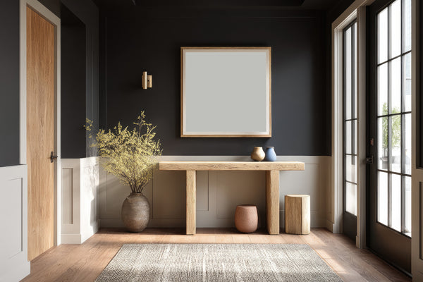 Modern interior with a wooden console table against a black wall.