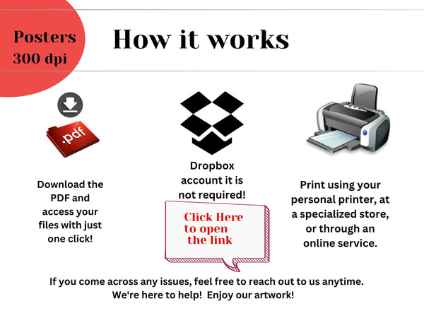 Instructions for using a printing service with Dropbox and PDF files on a white background.