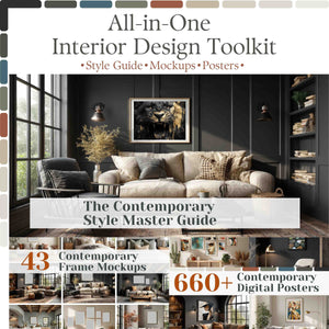 Promotional image of an interior design toolkit with a living room scene and text about style guides, mockups, and posters.