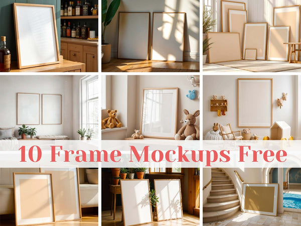 Collage of various frame mockups in different interior settings.