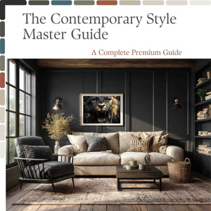 Living room with modern decor and 'The Contemporary Style Master Guide' book cover.