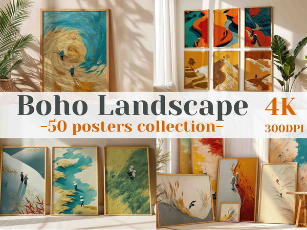 Boho Landscape Wall Art – 50 Digital Posters Bundle | Minimalist Nature Prints | 4K 300 DPI JPG | Printable Art for Home Decor