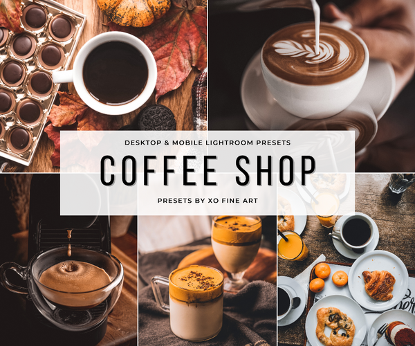 A collage of images depicting various coffee-related scenes, including cups of coffee, a coffee machine, and baked goods, with a central image featuring the text 'COFFEE SHOP' and the brand name 'XO FINE ART'.