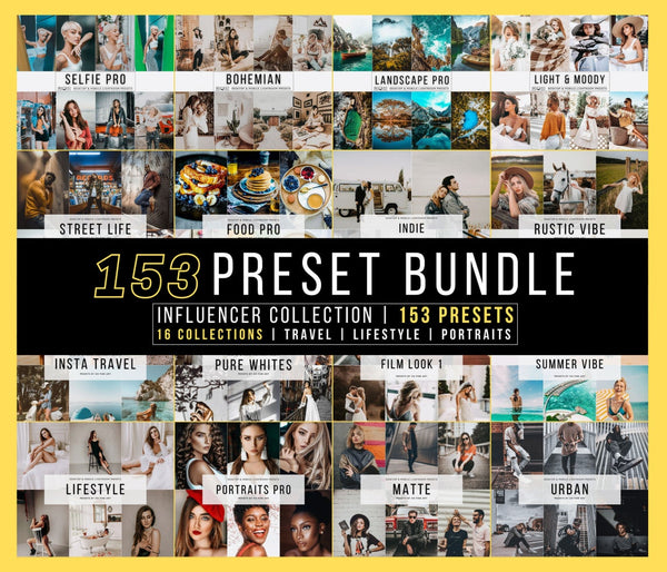 Promotional collage for a Lightroom preset bundle featuring 153 presets in 16 collections, with a visual sample of images that can be edited using the presets, such as instagram posts, travel photos, and portraits.