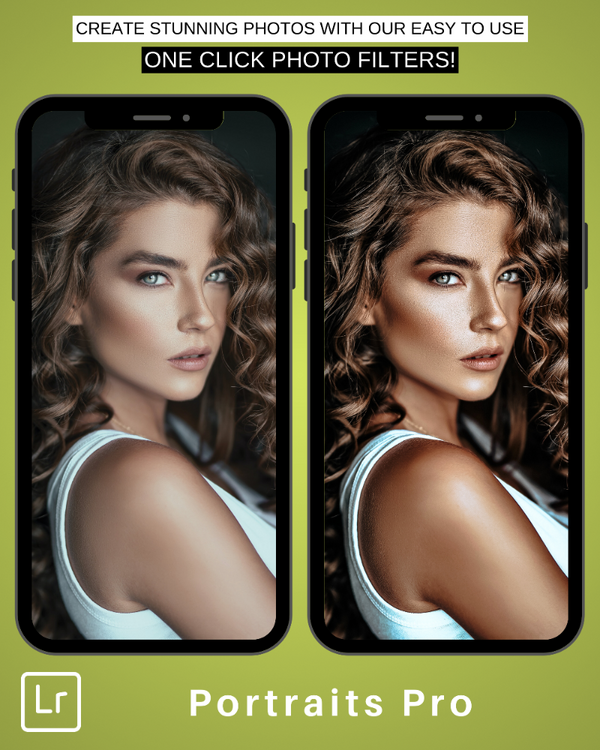 Mobile mockup showing Portraits Pro Lightroom presets applied to a photo of a woman. Side-by-side comparison highlights before and after editing results with enhanced skin tones and vibrant details.