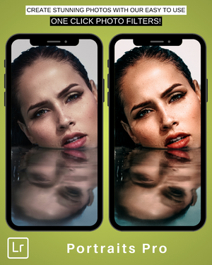 Mobile mockup showing Portraits Pro Lightroom presets applied to a photo of a woman. Side-by-side comparison highlights before and after editing results with enhanced skin tones and vibrant details.