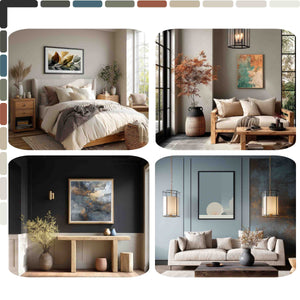 Collage of interior design elements including furniture, decor, and color swatches.
