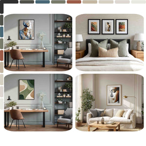 Collage of interior design elements including a bedroom, living room, and office.