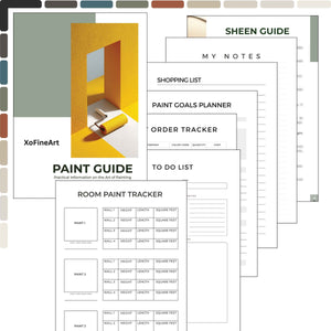 Paint guide and planner with color swatches and room paint tracker on a white background