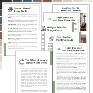 Collection of paint guide pages with text and images on a white background