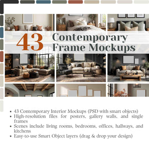Promotional image for 43 Contemporary Frame Mockups with interior scenes and color swatches.
