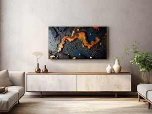 Modern living room with a decorative painting on the wall above a console table.