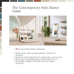 Product display with tablet and smartphone showing a paint color guide in a modern interior setting.