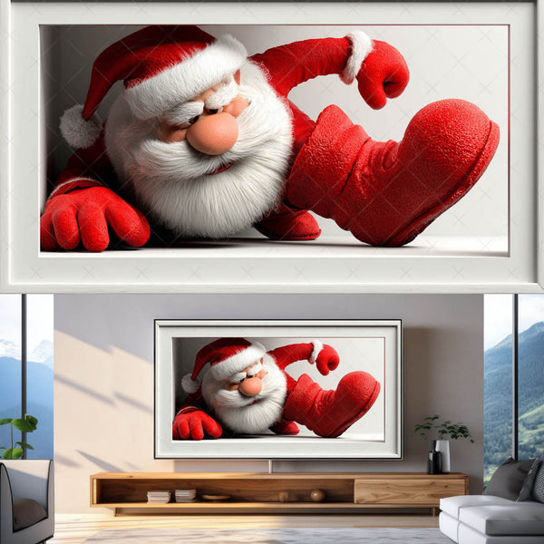 Framed picture of a cartoon Santa Claus flexing his arm in a modern living room.