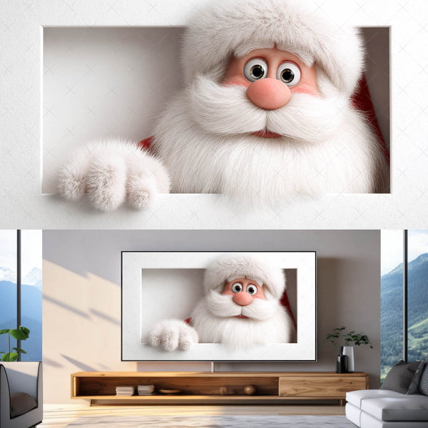 Animated Santa Claus character peeking over a ledge with a modern living room setting.
