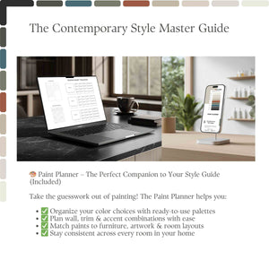 Promotional image for a 'The Contemporary Style Master Guide' with laptop, smartphone, and color swatches.