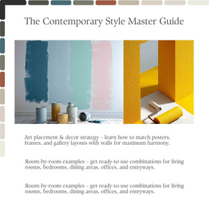 Color swatches and paint cans with text on a white background