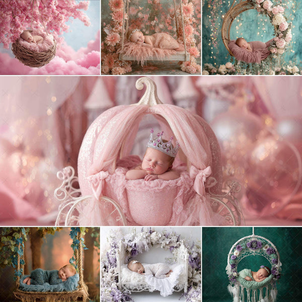 Floral Wreath & Fantasy Ring Newborn Backdrops – Set of 7 Artistic Digital Backgrounds for Baby Photography