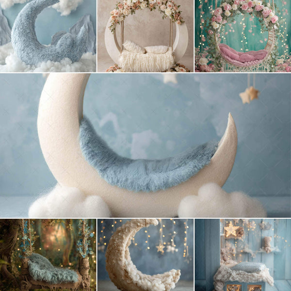 Moon & Dreamy Celestial Newborn Backdrops – Set of 7 Night Sky Digital Backgrounds for Baby Photography