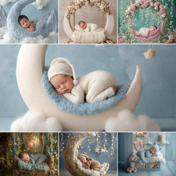 Moon & Dreamy Celestial Newborn Backdrops – Set of 7 Night Sky Digital Backgrounds for Baby Photography