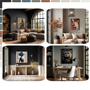 Collage of living room, office, and dining area with decor elements.