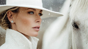 Woman in a white coat and hat with a white horse in a snowy setting