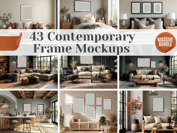 43 Contemporary Wall Art Mockup Bundle | PSD Frame & Interior Mockups | Living Room, Bedroom, Office, Kitchen | Digital Download