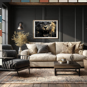 Living room with a beige sofa, coffee table, and decorative wall art of a lion's face.