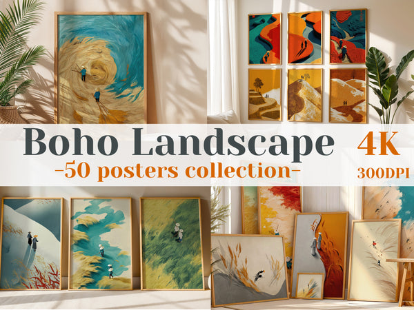 Boho Landscape Wall Art – 50 Digital Posters Bundle | Minimalist Nature Prints | 4K 300 DPI JPG | Printable Art for Home Decor